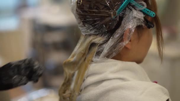 男理发师在女人的头发上涂药物 — 图库视频影像