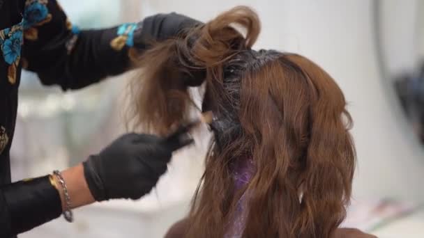 Male Hairdresser Applying Drug Woman Hair — Vídeos de Stock