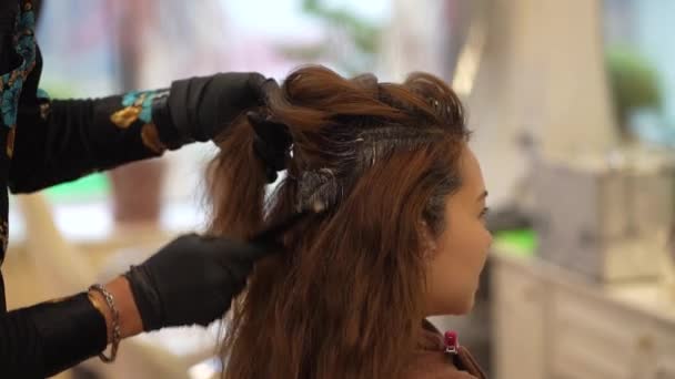 Male Hairdresser Applying Drug Woman Hair — Vídeos de Stock