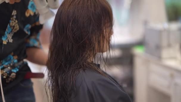 Penata Rambut Laki Laki Menerapkan Pengering Rambut Untuk Rambut Seorang — Stok Video