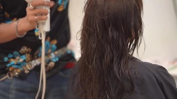Male Hairdresser Applying Hair Dryer Woman Hair — Vídeos de Stock