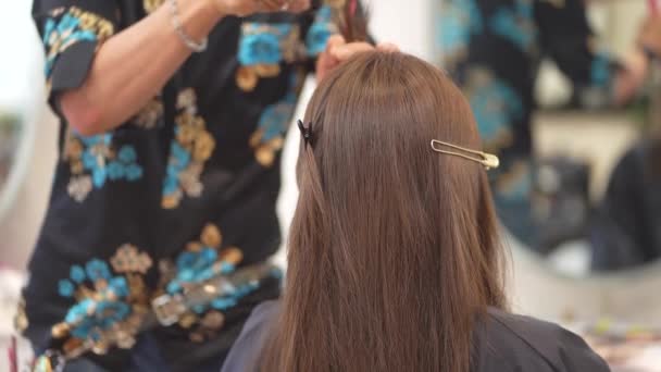 男性美容師切断女性の髪 — ストック動画
