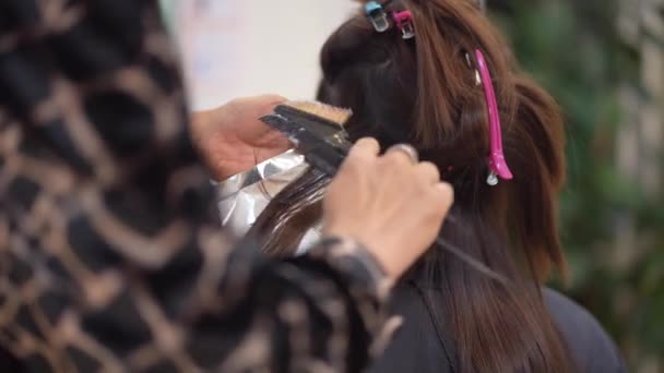 Männlicher Friseur Appliziert Droge Auf Frauenhaare — Stockvideo