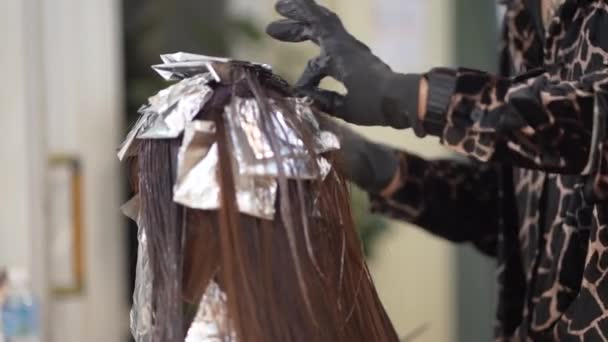 男理发师在女人的头发上涂药物 — 图库视频影像