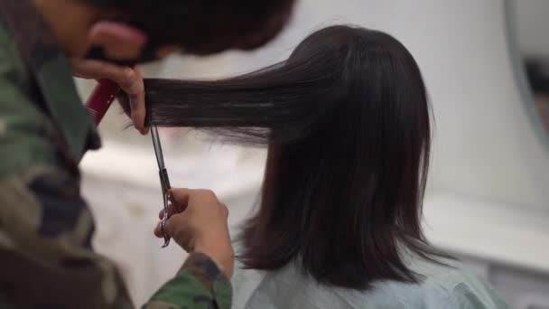 Male Hairdresser Cutting Woman Hair — Stock Video