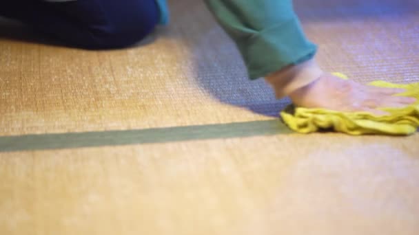 Woman Wiping Tatami Mats — Stok video