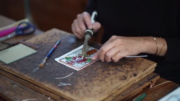 Woman Making Stained Glass Work — Video Stock