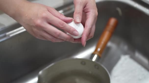 Woman Peeling Boiled Egg — Stock Video