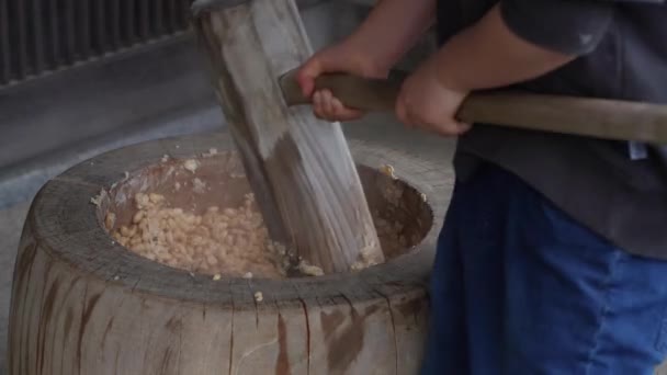 Crush Soybeans Pestle Mortar Image Miso Making Experience — Stock Video