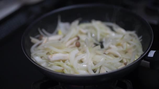 如何煎洋葱和芝麻蘑菇 — 图库视频影像