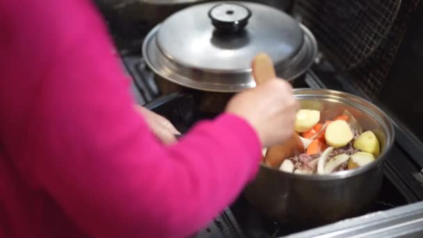 Vrouwen Die Vlees Aardappelen Maken — Stockvideo