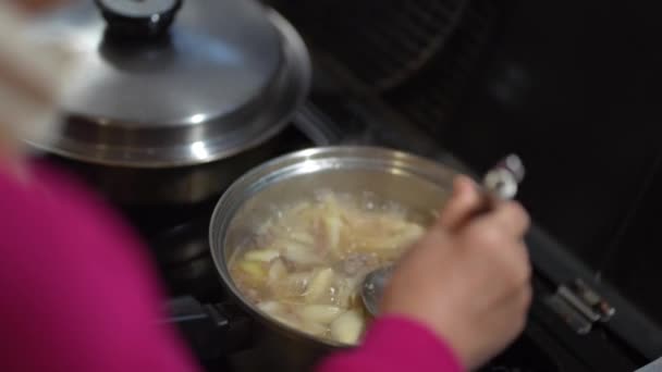 Vrouwen Die Vlees Aardappelen Maken — Stockvideo
