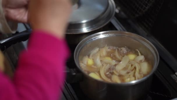 肉とジャガイモを作る女性 — ストック動画