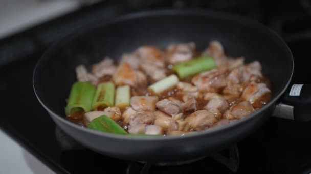 如何用酱汁煮鸡肉和青葱 — 图库视频影像
