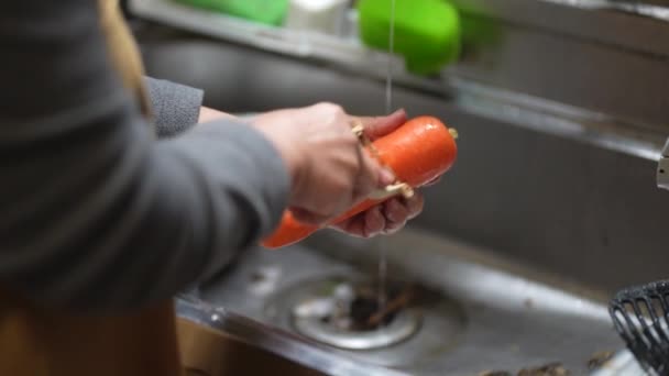 Eine Frau Schält Eine Karotte Mit Einem Schäler — Stockvideo