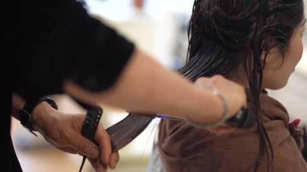 男性理发师在女性的头发上涂上卷曲铁 — 图库视频影像