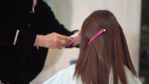 Чоловічий Перукар Ріже Жіноче Волосся — стокове відео
