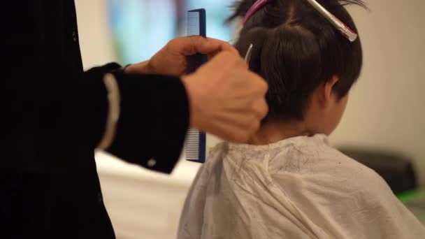 Männlicher Friseur Schneidet Jungen Die Haare — Stockvideo