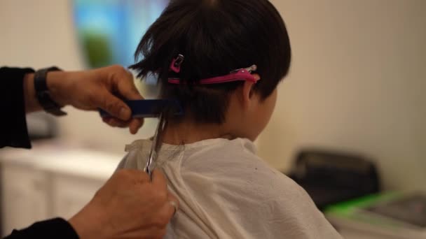 男理发师为男孩剪头发 — 图库视频影像