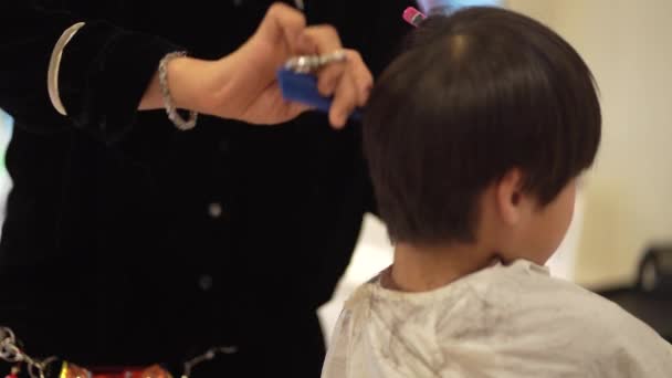 Male Hairdresser Cutting Boy Hair — Stock Video