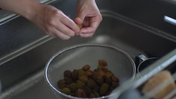 Woman Removes Seeds Plum Fruit Taken Out Plum Syrup — Stock Video