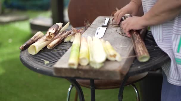 Una Mujer Cortando Brotes Bambú Madake Cosechados — Vídeos de Stock