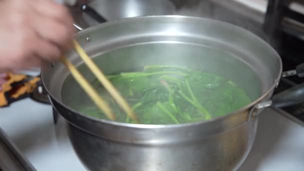 Woman Boiling Spinach — Stock Video