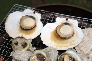 Kömürün üzerinde ızgara yapılmış deniz ürünleri.