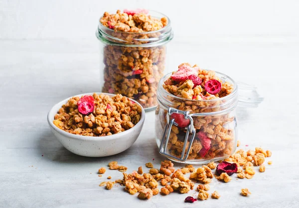 Granola with Dried Berries on Bright Background, Healthy Breakfast