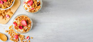 Granola and Yogurt Parfaits, Healthy Breakfast, Muesli with Dried Berries on Bright Concrete Background