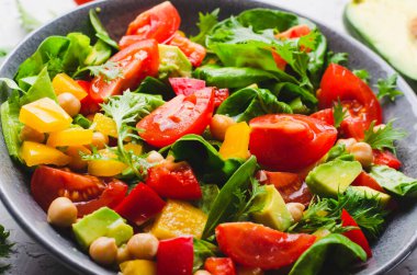 Vegetable Salad, Vegetarian Salad with Chickpeas, Avocado, Bell Pepper, Spinach, Cherry Tomatoes in a Bowl, Healthy Eating