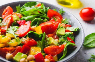Vegetable Salad, Vegetarian Salad with Chickpeas, Avocado, Bell Pepper, Spinach, Cherry Tomatoes in a Bowl, Healthy Eating