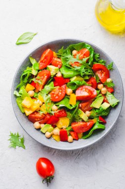 Vegetable Salad, Vegetarian Salad with Chickpeas, Avocado, Bell Pepper, Spinach, Cherry Tomatoes in a Bowl, Healthy Eating