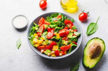 Vegetable Salad, Vegetarian Salad with Chickpeas, Avocado, Bell Pepper, Spinach, Cherry Tomatoes in a Bowl, Healthy Eating