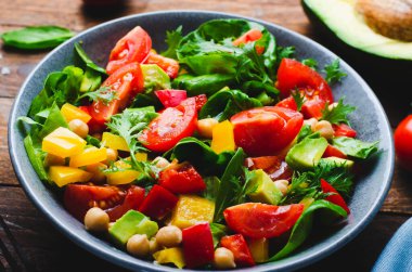 Vegetable Salad, Vegetarian Salad with Chickpeas, Avocado, Bell Pepper, Spinach, Cherry Tomatoes in a Bowl, Healthy Eating