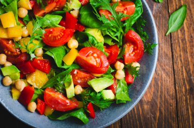 Vegetable Salad, Vegetarian Salad with Chickpeas, Avocado, Bell Pepper, Spinach, Cherry Tomatoes in a Bowl, Healthy Eating