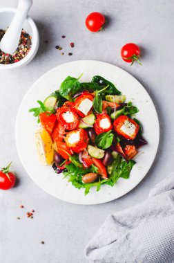 Greek Salad, Fresh Salad with Feta Cheese and Roasted Bell Peppers, Healthy Food, Mediterranean Cuisine