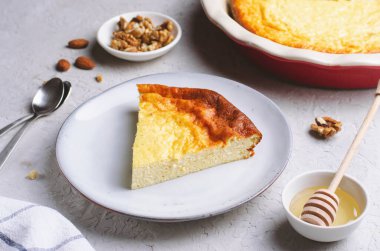 Cottage Cheese Casserole, Delicious Baked Dessert on Grey Background