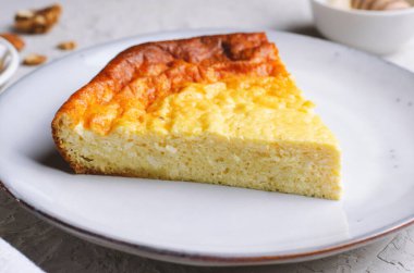 Cottage Cheese Casserole, Delicious Baked Dessert on Grey Background