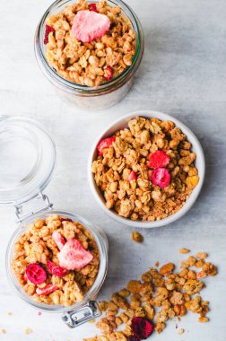 Granola with Dried Berries on Bright Background, Healthy Breakfast