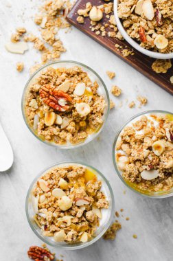 Granola ve Yoğurt Parfümleri, Sağlıklı Kahvaltı veya Atıştırmalık Müsli Fındık Karışımı ve Bal ile Parlak Arkaplanda