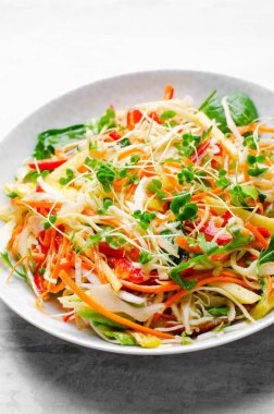 Lahanalı taze sebze salatası, dolmalık biber ve parlak arka planda havuç, vegan, sağlıklı beslenme.