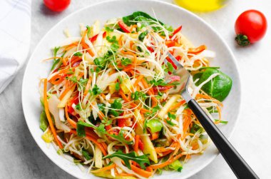 Lahanalı taze sebze salatası, dolmalık biber ve parlak arka planda havuç, vegan, sağlıklı beslenme.