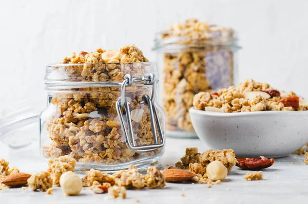 Granola Nut Mix Bright Concrete Background Healthy Snack Breakfast — Stock Photo, Image