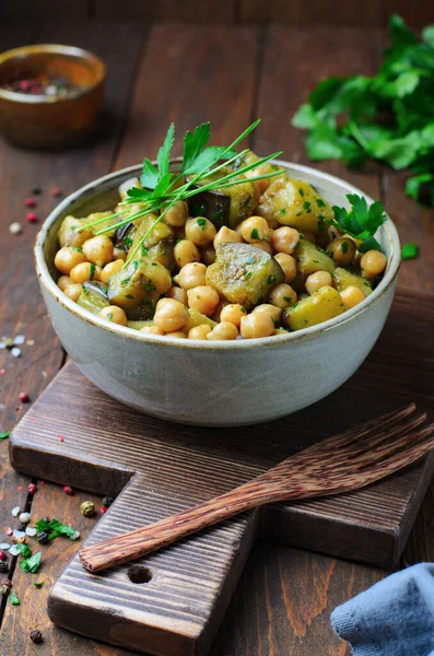 stock image Chickpea Eggplant Appetizer, Rustic Salad on Dark Wooden Background