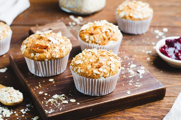 Muffins Oat Almond Topping Wooden Rustic Background — Stock Photo, Image