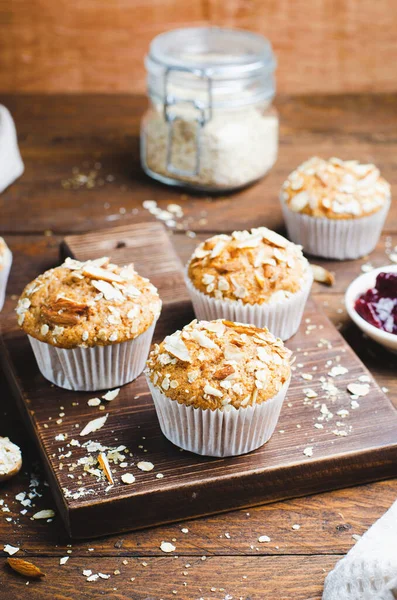 Muffins Oat Almond Topping Wooden Rustic Background — стокове фото