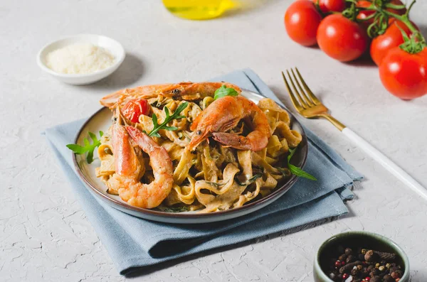 Stock image Pasta with Shrimp and Cream Sauce, Italian Cuisine, Mediterranean Food, Bright Background