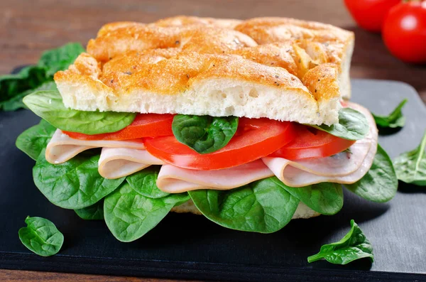 Focaccia Sandwich Ham Tomatoes Spinach Sandwich Italian Flat Bread Wooden — Stock Photo, Image