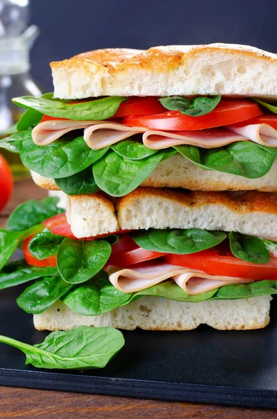 Focaccia Sandwich Ham Tomatoes Spinach Sandwich Italian Flat Bread Wooden — стокове фото